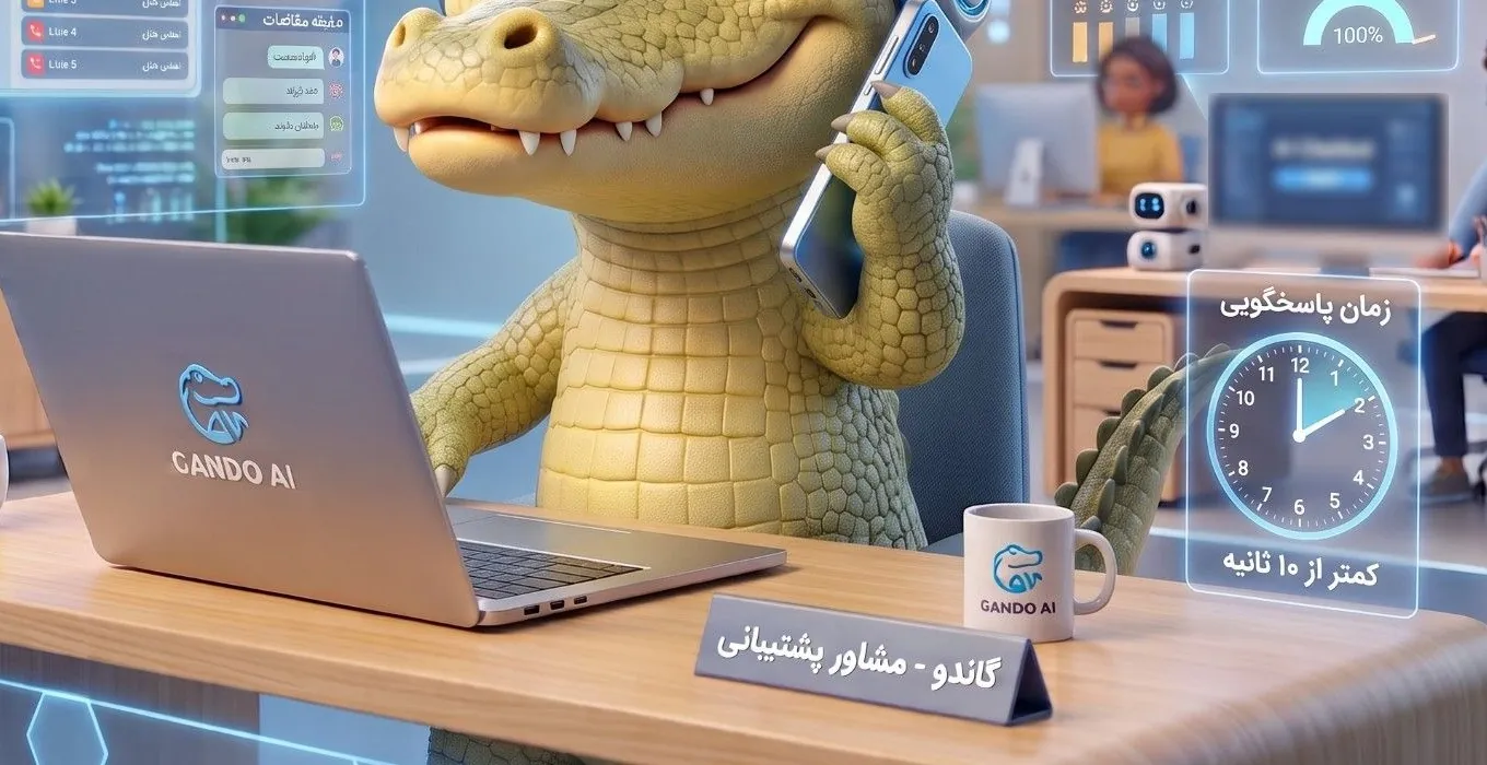 گاندو با هدست و گوشی پشت میز پشتیبانی؛ روی میز لپ‌تاپ، لیوان گاندو و تابلوی «گاندو - مشاور پشتیبانی» است